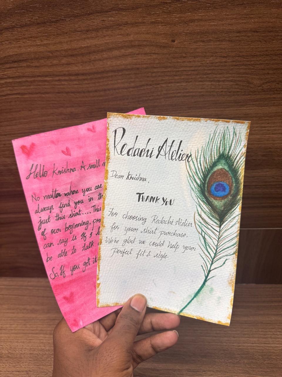 Handwritten notes: one from Satya to Krishna, one from Redachi Atelier